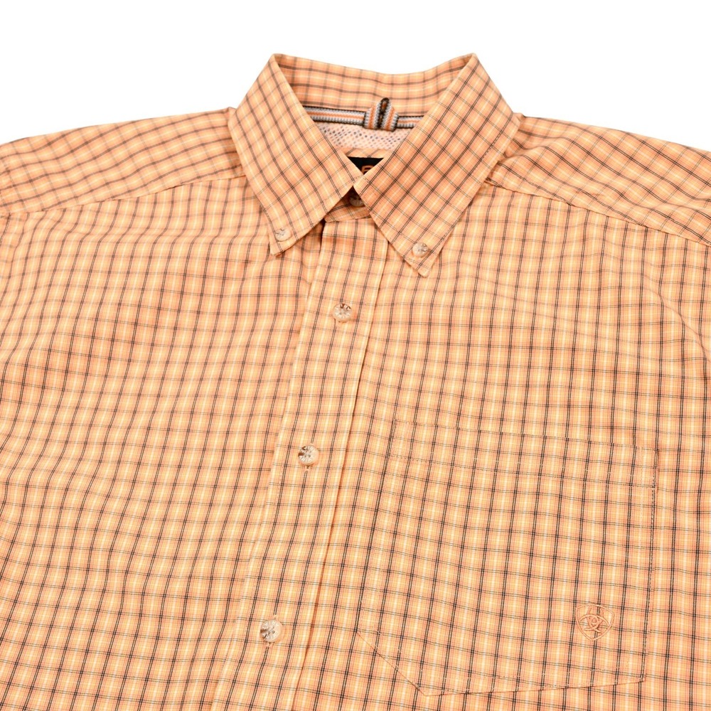 Ariat Pro Series Shirt Men's Medium Short Sleeve Peach Plaid Logo on Pocket
